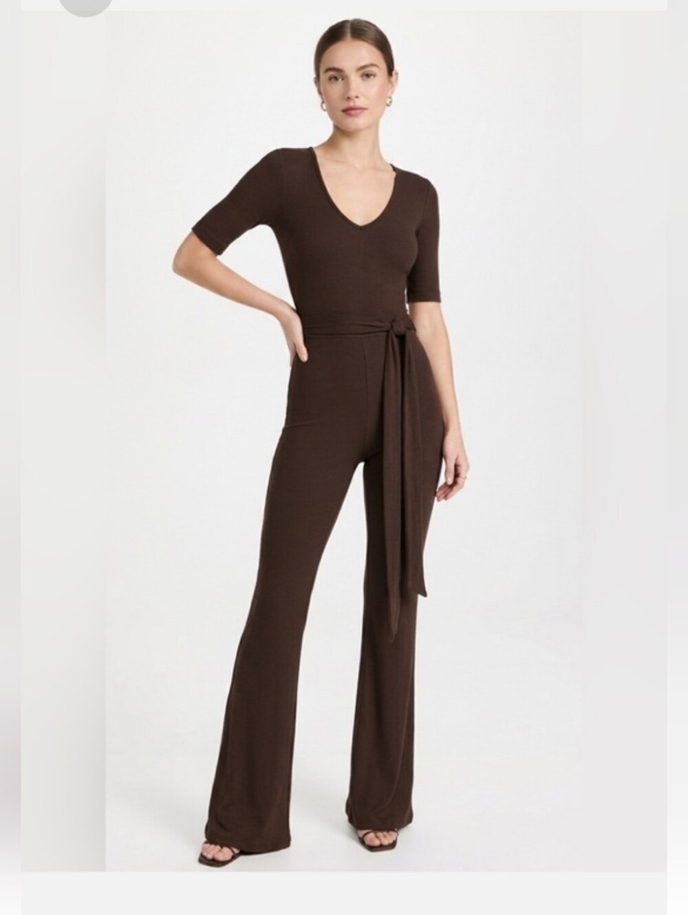 Studio Brown Knit V-Neck Tie-Waist Jumpsuit